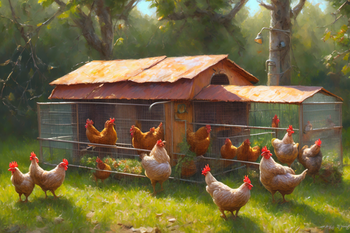 00746-3248587076-oil painting of a wire mesh chicken coop with chickens feeding on bird seed, realistic, intricate background, art by dgstyle.png